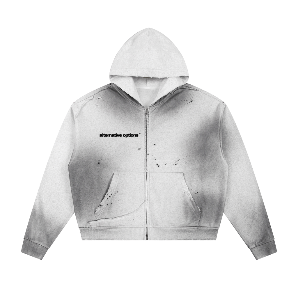 Sun Fade Frayed Raw Edge Fleece Zip Hoodie